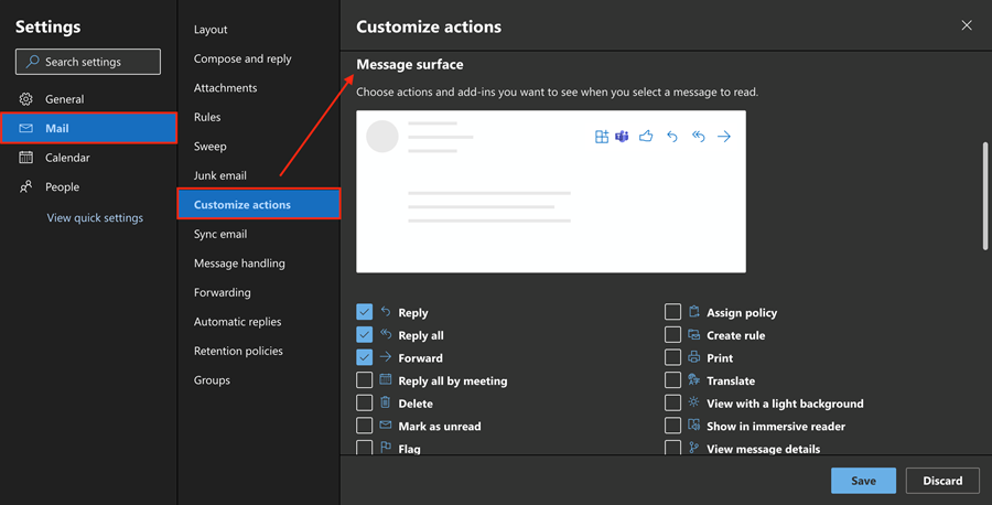 The Message surface options screen