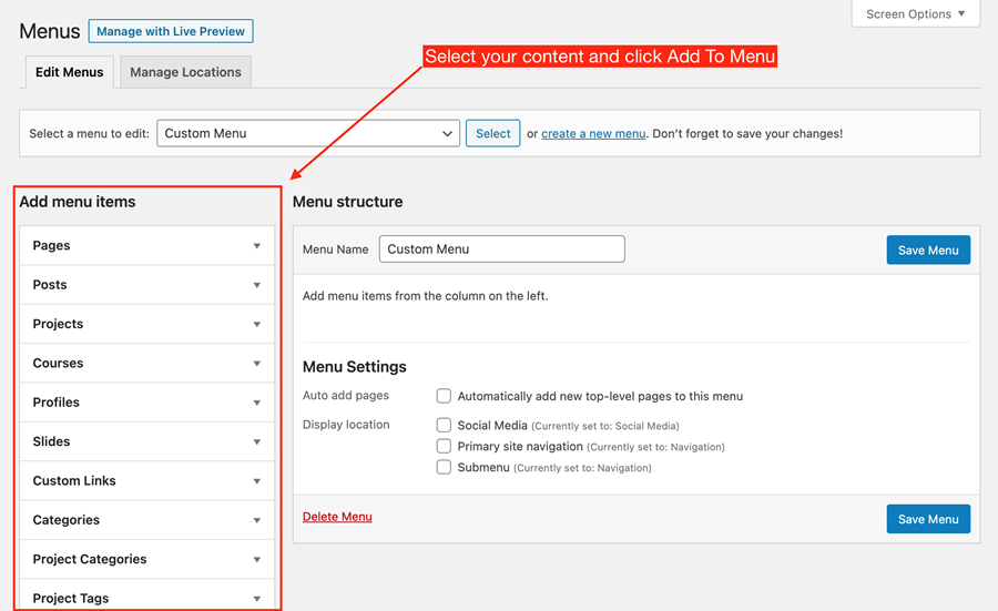 Menu editor with Add menu items column highlighted