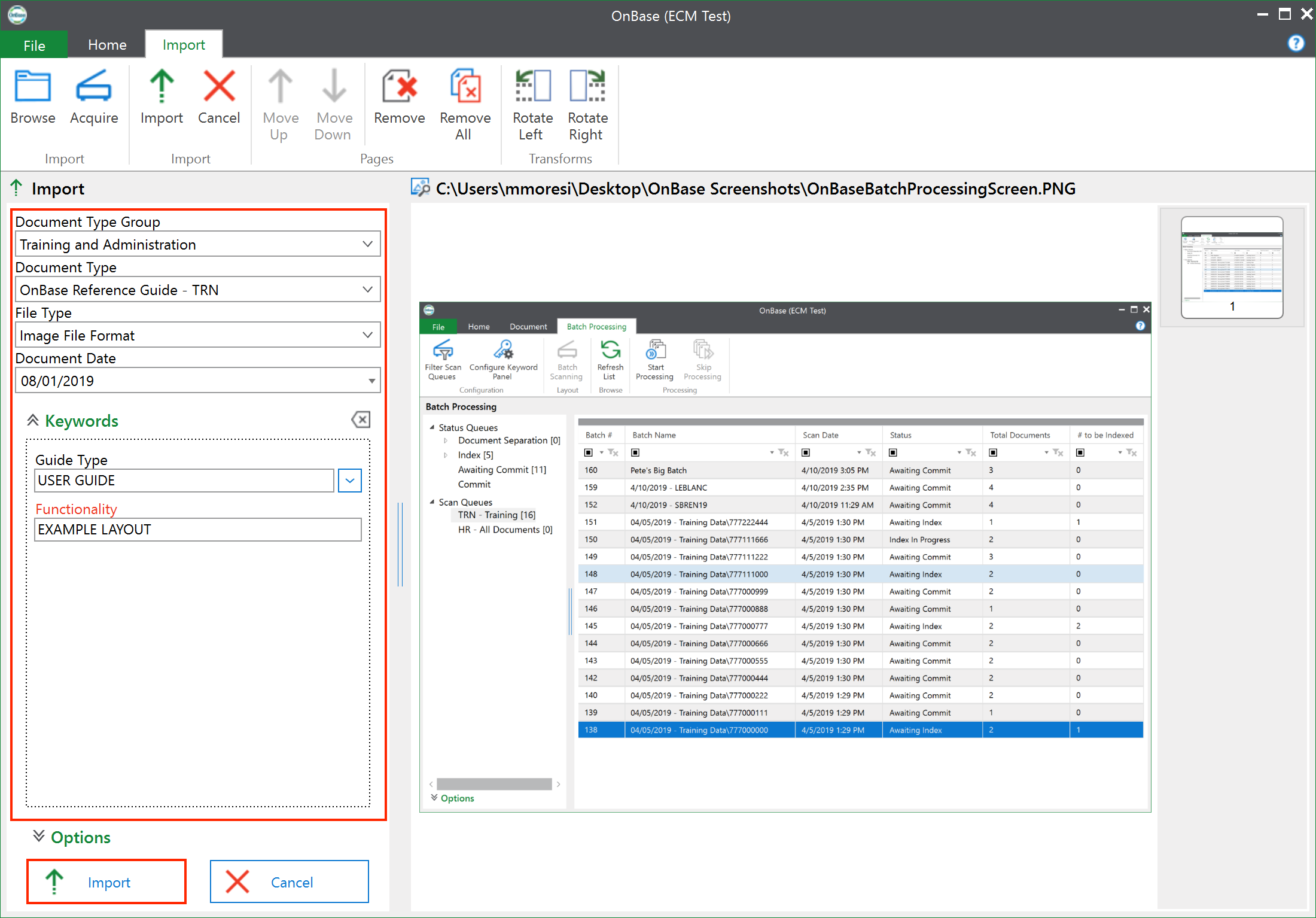Select the Document Type Group, Document Type, and enter any information in the Keywords section in order to Import into OnBase