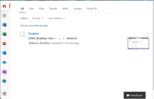 Office 365 Online search results for findme.png