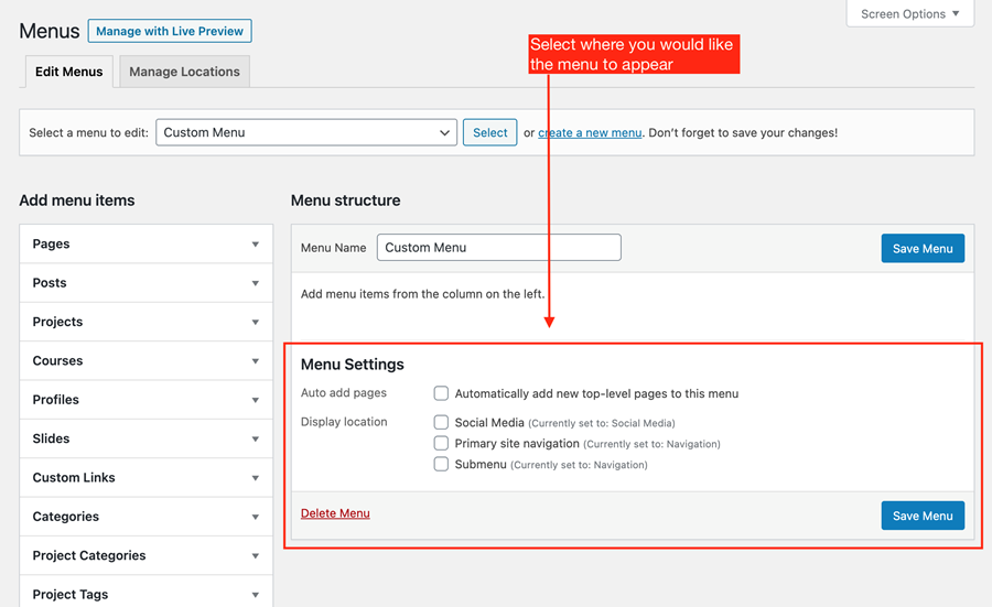 Menu editor with Menu Settings panel highlighted