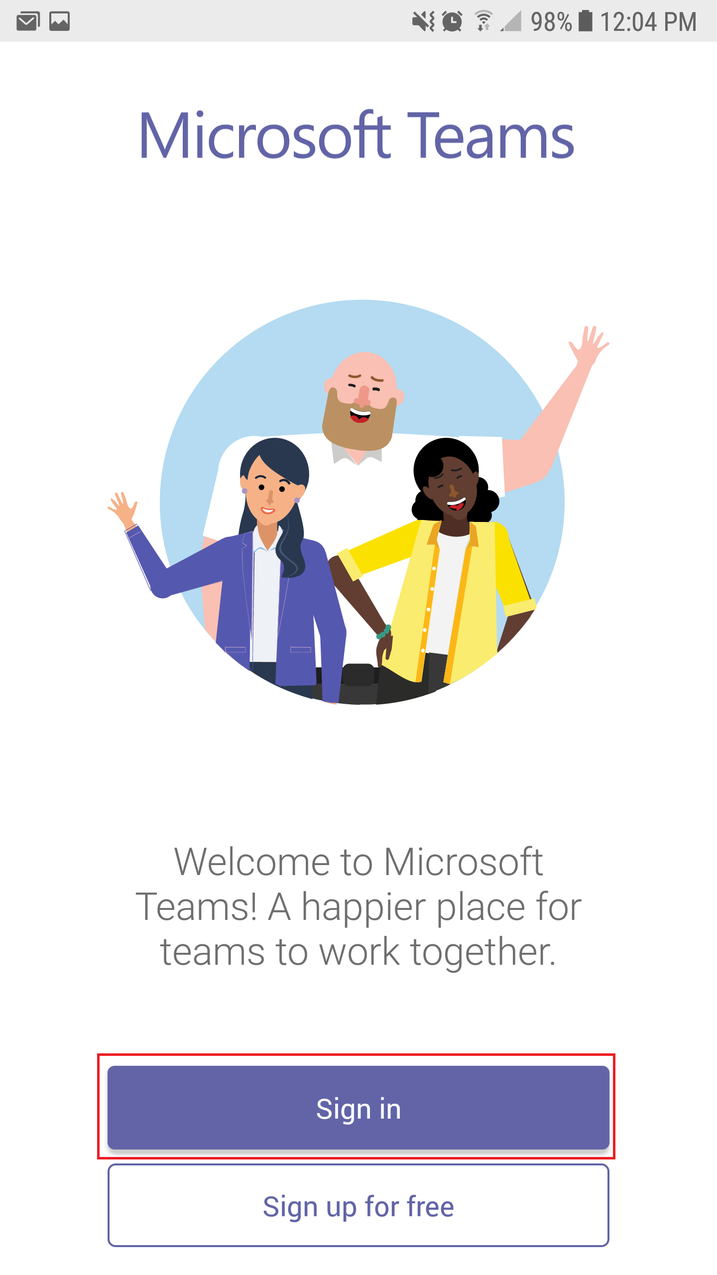 Sign In button on Teams Application