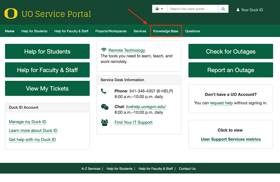 UO Service Portal home page with the Knowledge Base link highlighted.