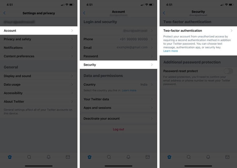 Twitter Account Settings, Security, Two-factor authentication