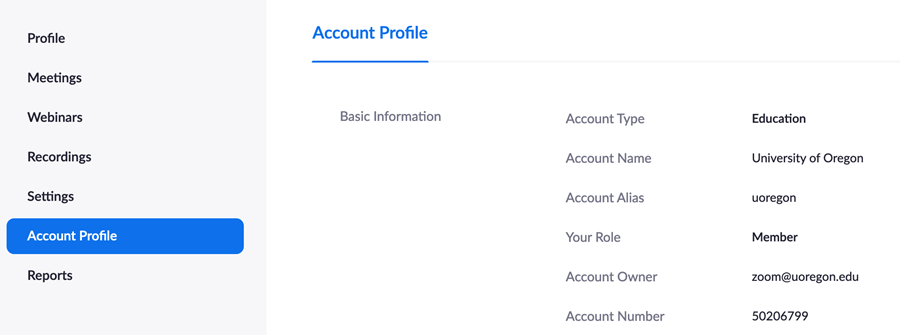 Zoom Account Profile screen showcasing the standard tenant