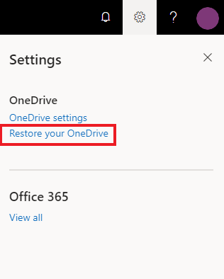 Settings drop menu showing the "Restore your OneDrive" option