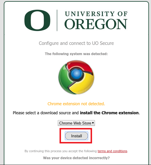 SecureW2 setup page for UO Secure with the Install button highlighted