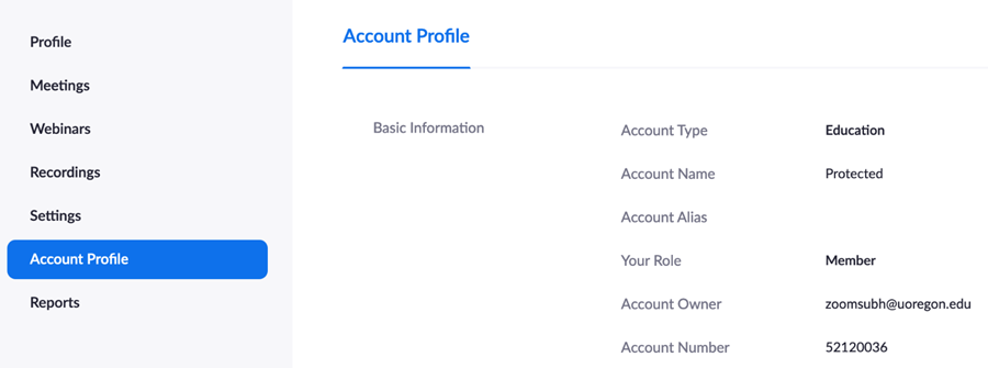Zoom Account Profile screen showcasing the HIPAA tenant