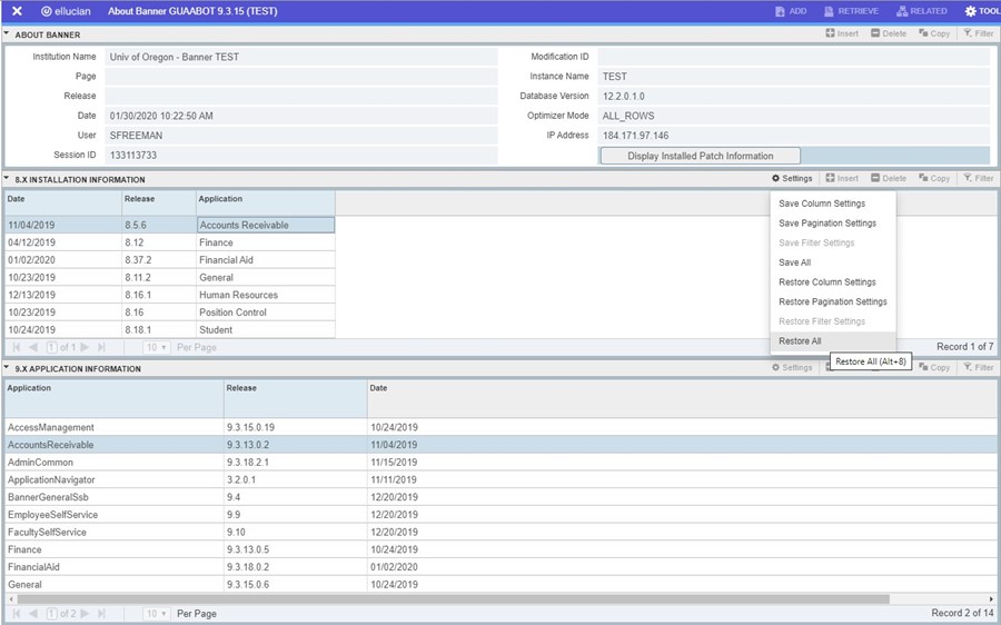 GUAABOT dialog box with the Middle data block's Restore All setting option selected