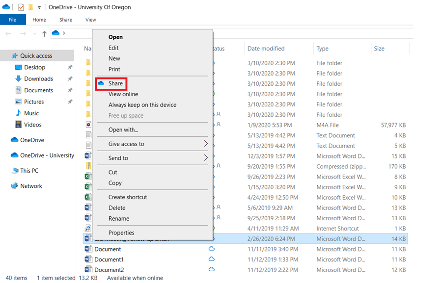 Visual of the OneDrive icon next to Share