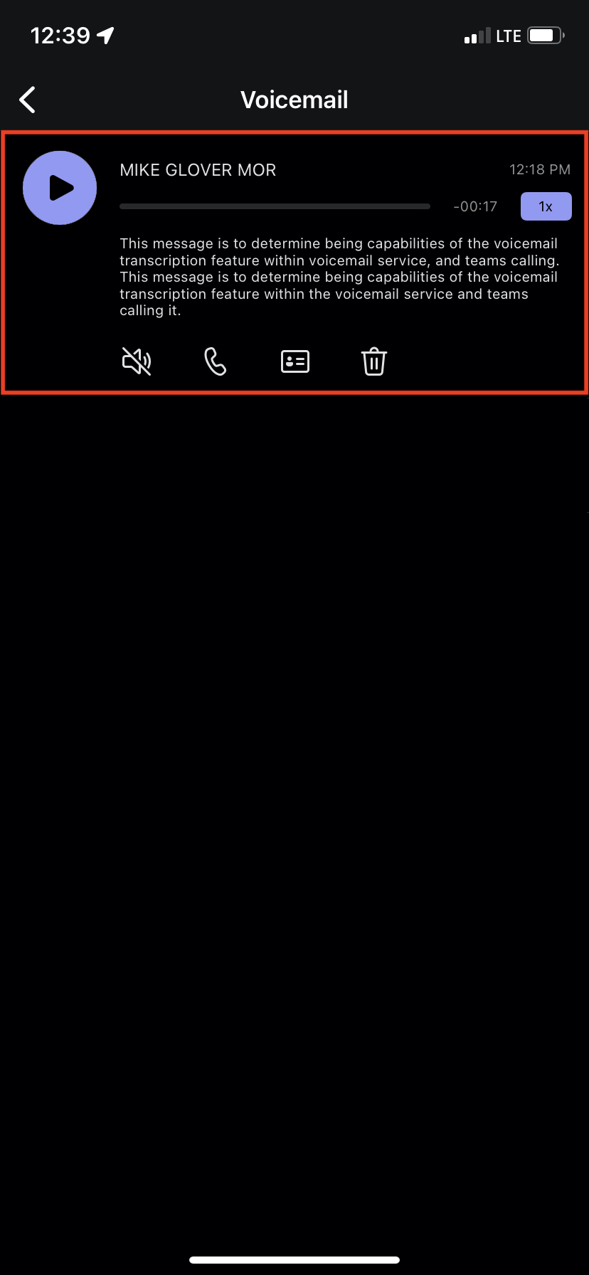 Voicemail message highlighted