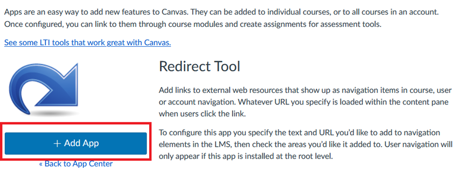 The blue +Add App button for the Redirect Tool is highlighted in red.