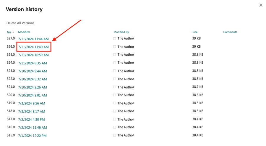 SharePoint file version history file selected