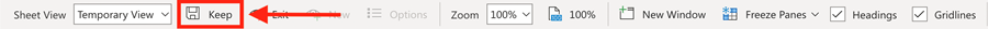 Sheet View menu with Keep option highlighted.