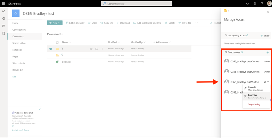 The Manage access panel in SharePoint with Visitors group highlighted