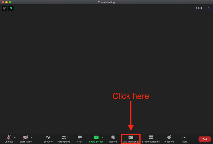 Select Live Transcripts from the Zoom menu bar in an active meeting