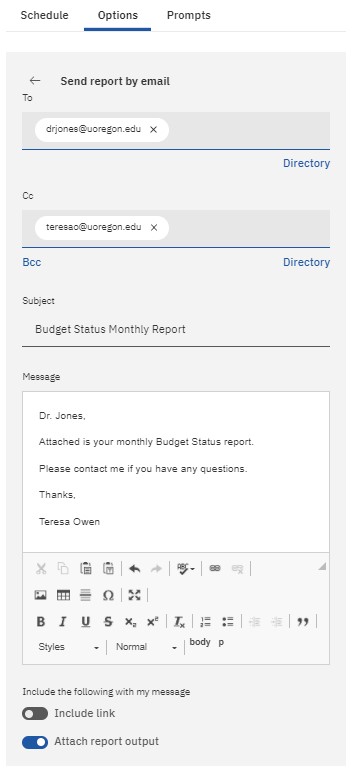Send report by email window
