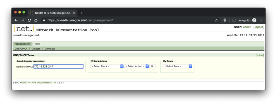 This image shows where an IP address is entered to look up a DNS record in Netdot