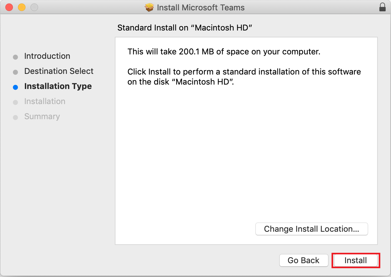 macOS Teams installer Installation type "standard Install on Macintosh HD" page