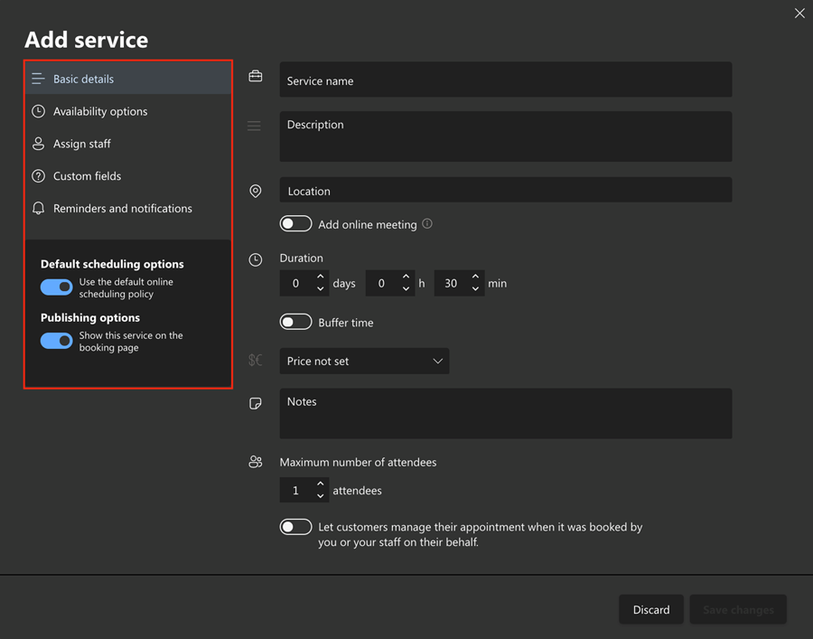 The Add Service dialog box in Bookings Settings. The menu options are highlighted.