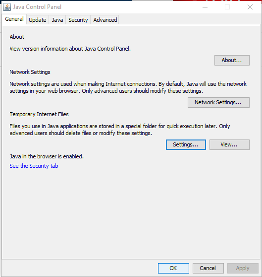 Java Control Panel with the "Settings..." button highlighted