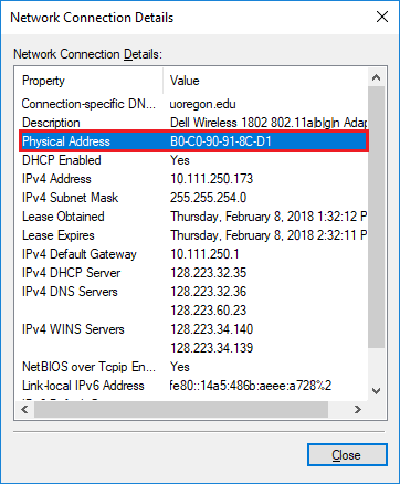 A network connection details panel with a list of properties and values to your Windows 10 computer. Your mac address or "physical address" will be the third option listed in the new menu that opens from the details button.