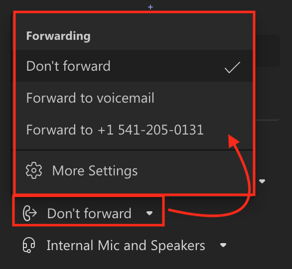 Call forwarding quick settings menu