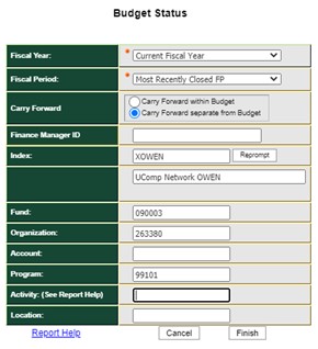 Budget Status screen