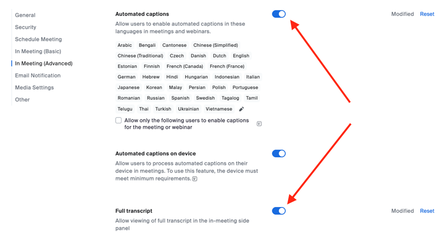 Enable Closed Captioning, then check the box to enable live transcription.