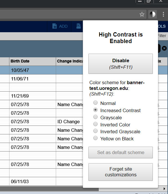 A screenshot of the options available in the High Contrast extension