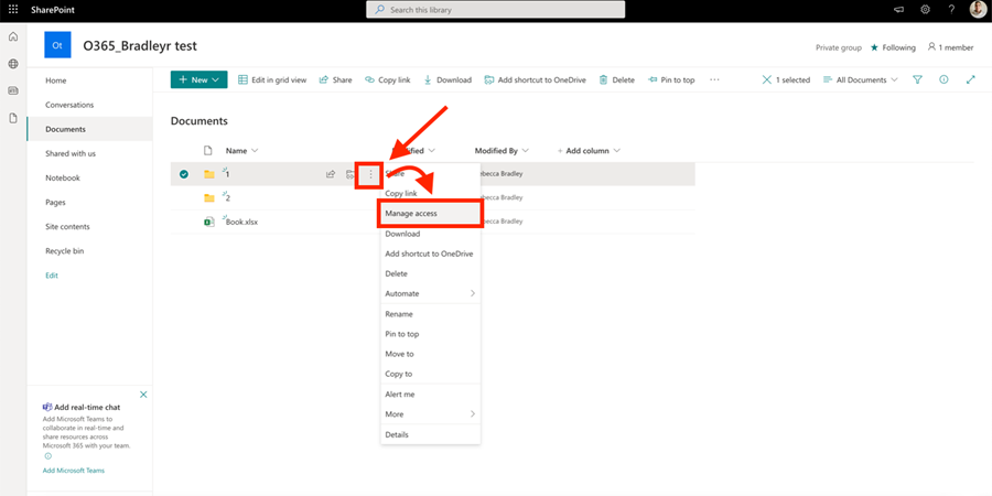 More Options menu with Manage access highlighted