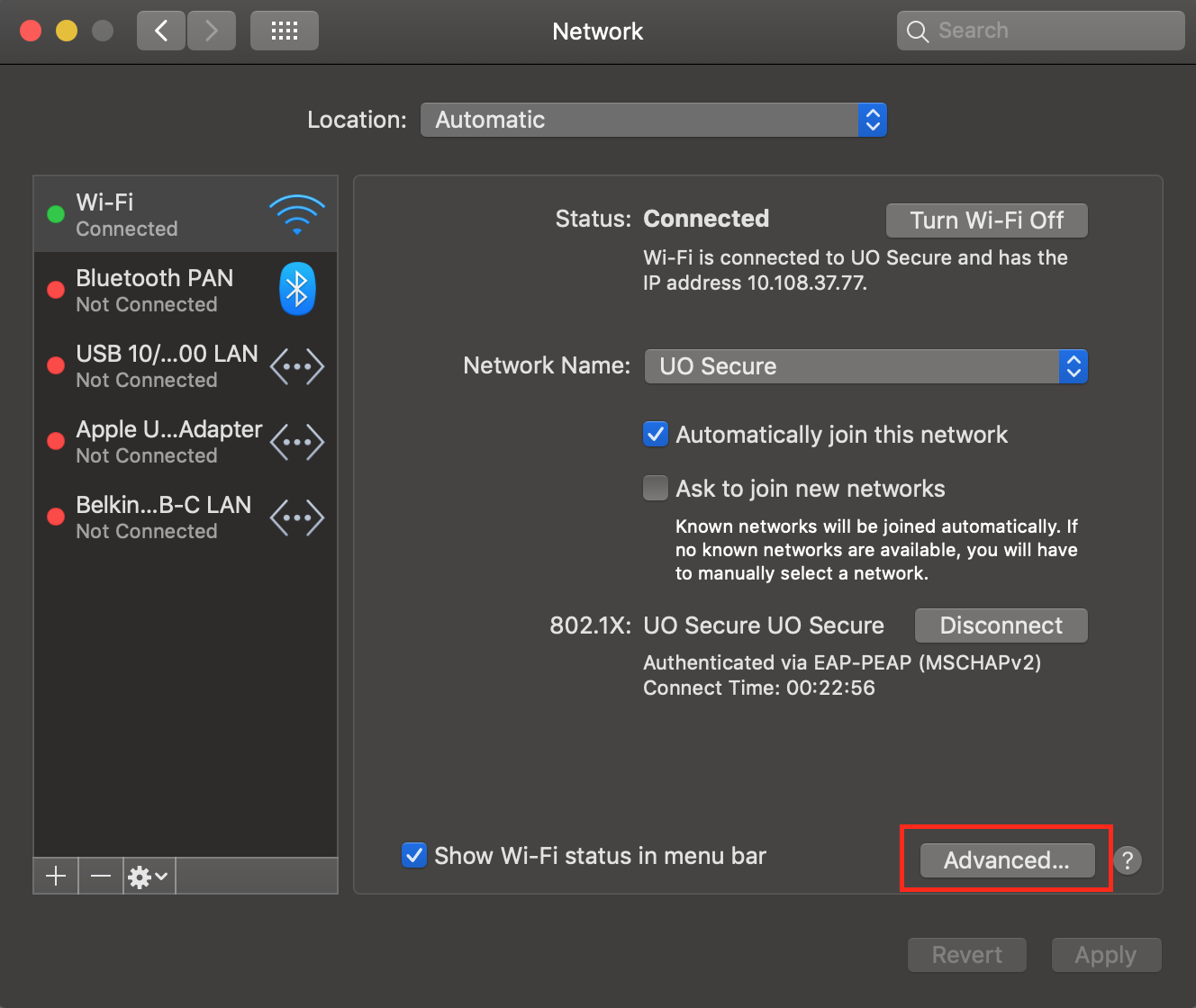 Network Preferences dialog box with Wi-Fi screen highlighted.