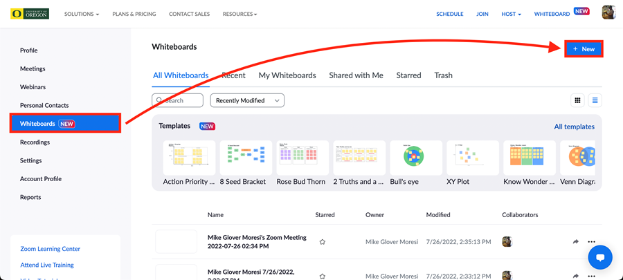 Select Whiteboards then select New