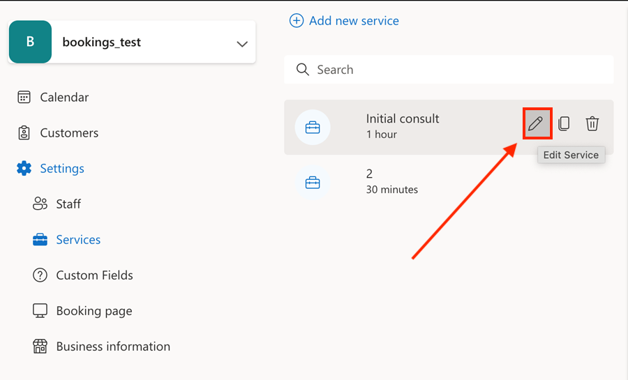 Go to Services, then select Edit service when hovering over the desired service.