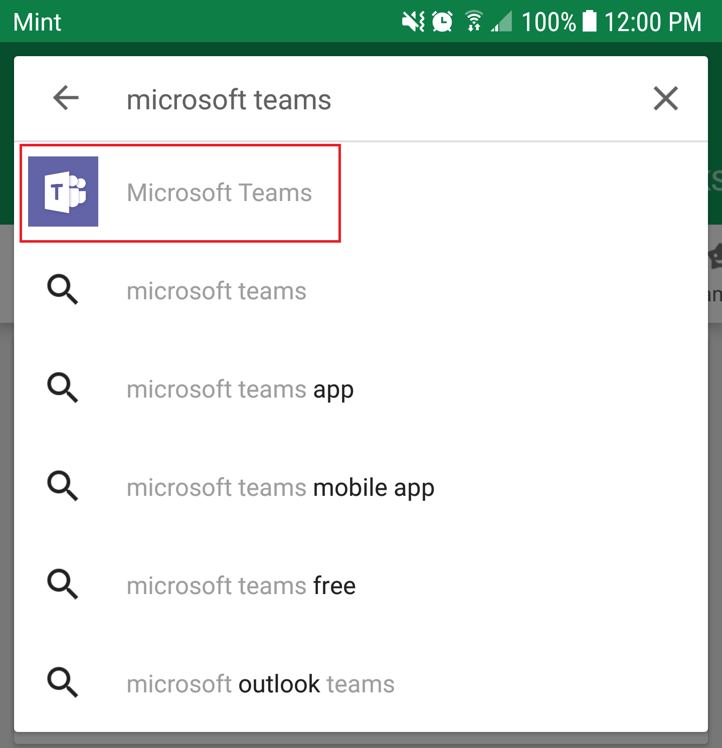 Microsoft Teams app in the Play Store