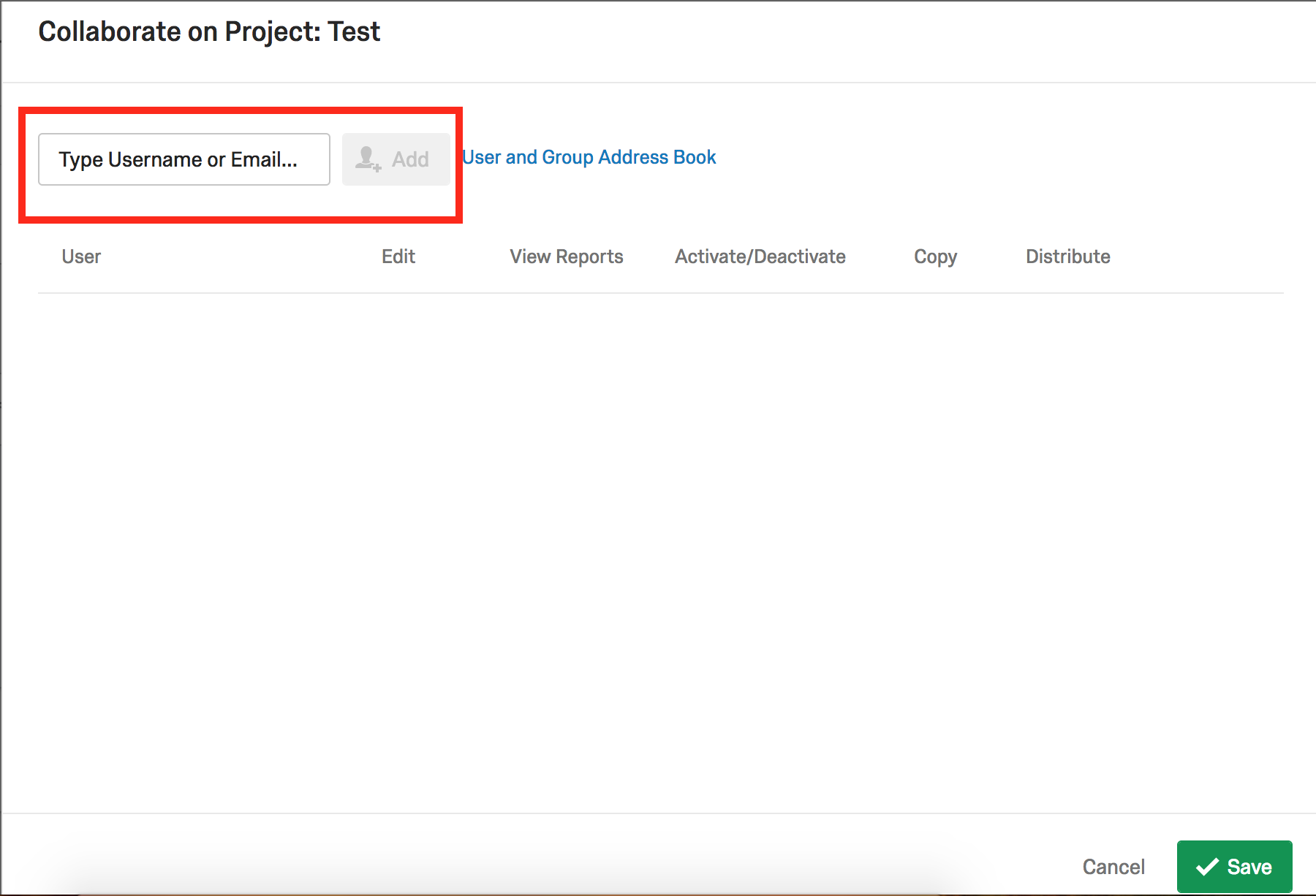 The Collaborate window has a search bar at the top that allows you to search for other UO Qualtrics users to add to you project. There is an Add button next to the search bar for adding the selected user.