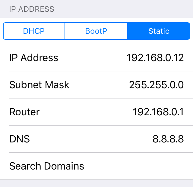 IP Settings Screen iOS