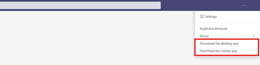 Image of Teams menu options to download the desktop and mobile apps.
