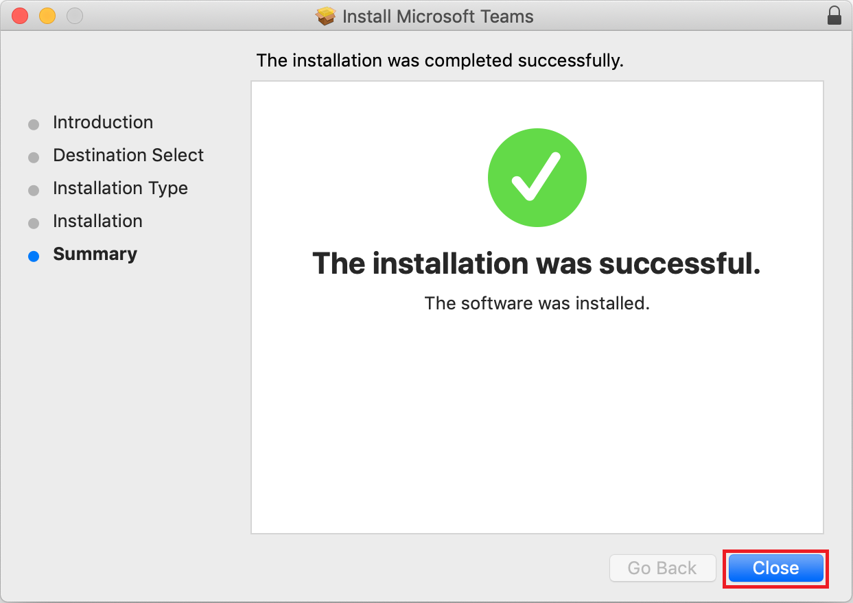 macOS Teams installer.success page