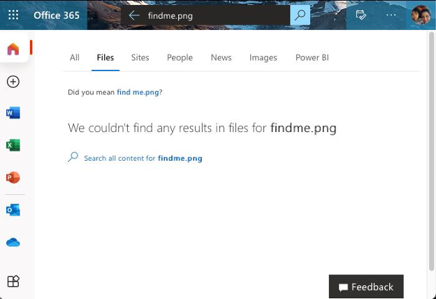 Office 365 Online search results for findme.png, nothing is found.