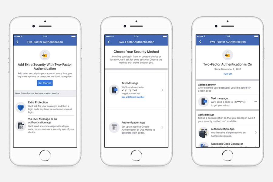 Facebook 2FA: Get Started, choose method, 2FA is on.