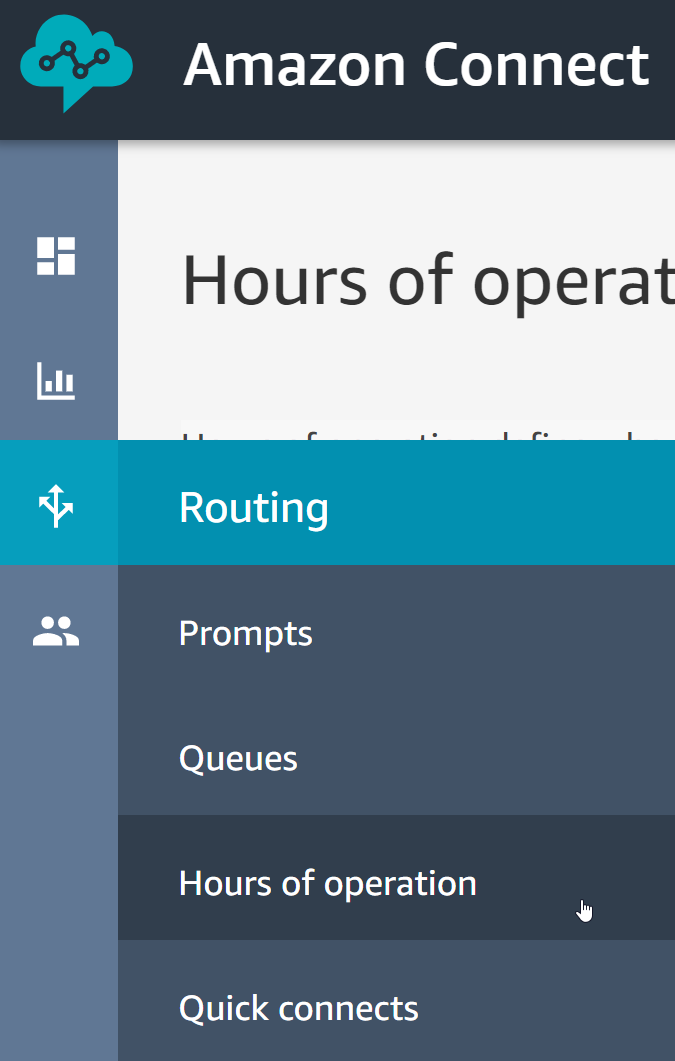 Amazon Connect Hours of operation screen