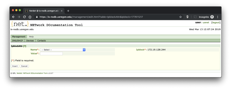 This is the IP Block Attribute Page in NetDot