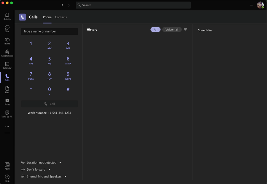 Microsoft Teams Calls screen
