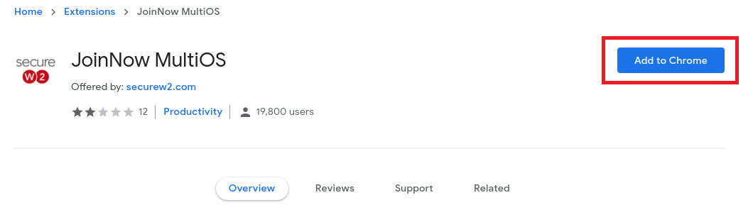 The Chrome Web Store entry for the SecureW2 JoinNow MultiOS Wi-Fi configuration utility with the Add to Chrome button highlighted