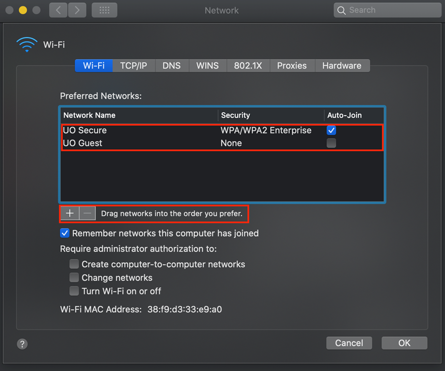 The + and - symbol is located below the list of preferred networks. Accompanied by the text "Drag networks into the order you prefer". You can use the minus symbol to remove a selected network that you do not want saved anymore.