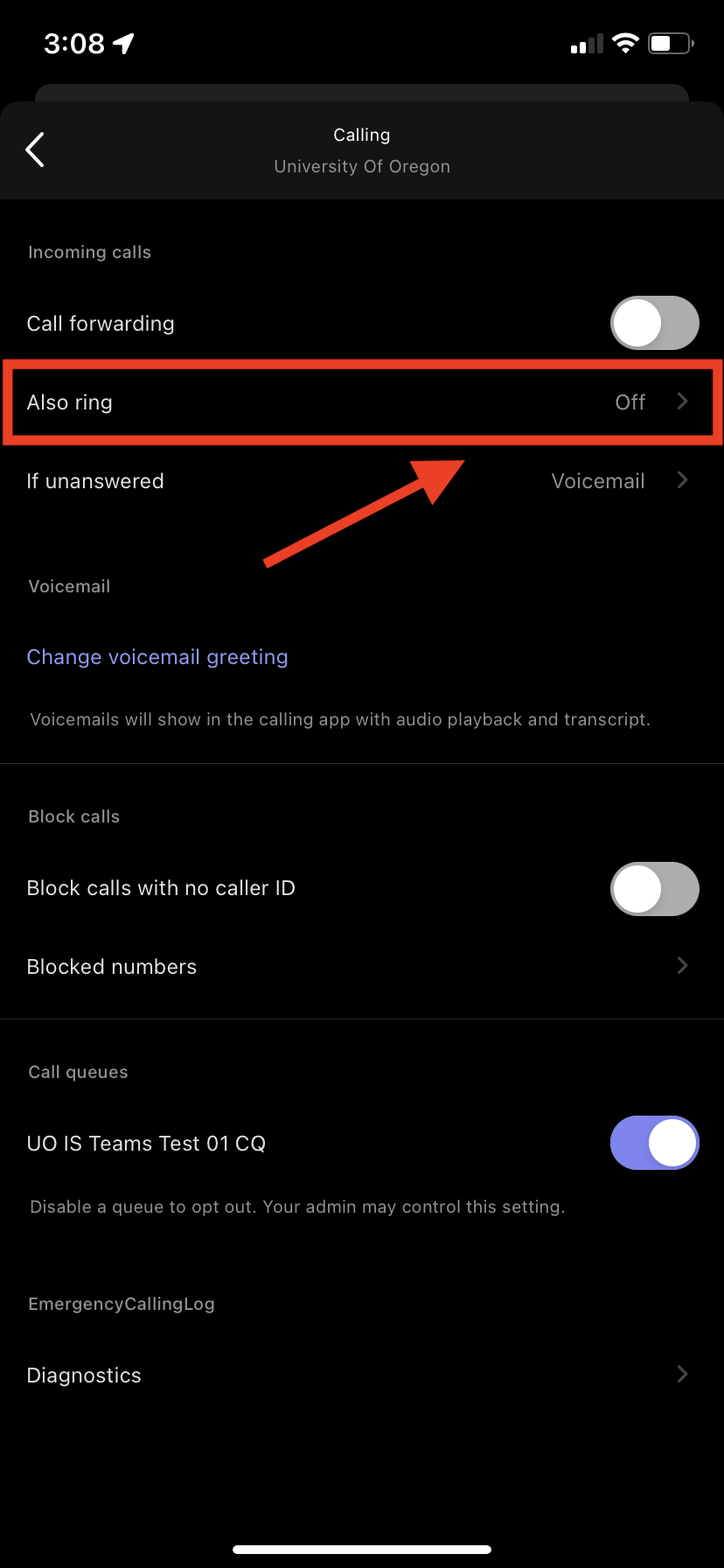 Calling Settings with Also ring highlighted