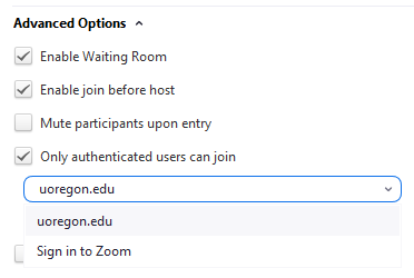 Zoom add-in for Microsoft Outlook Advanced Options settings
