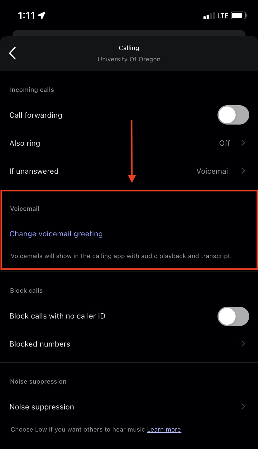 Mobile voicemail settings highlighted