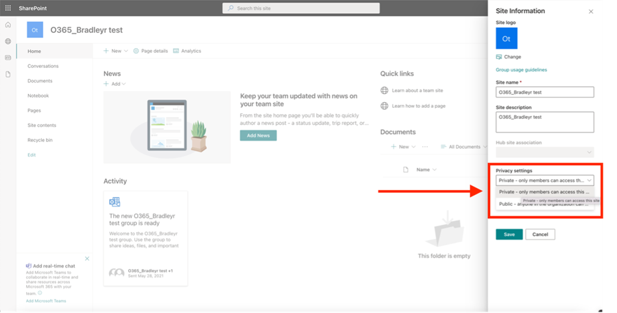 Privacy settings options